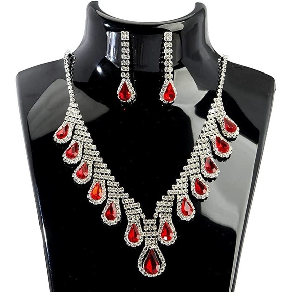 Crystal Teardrop Cluster Statement Necklace Dangle Earrings Jewelry Set Bridal - Picture 5 of 6